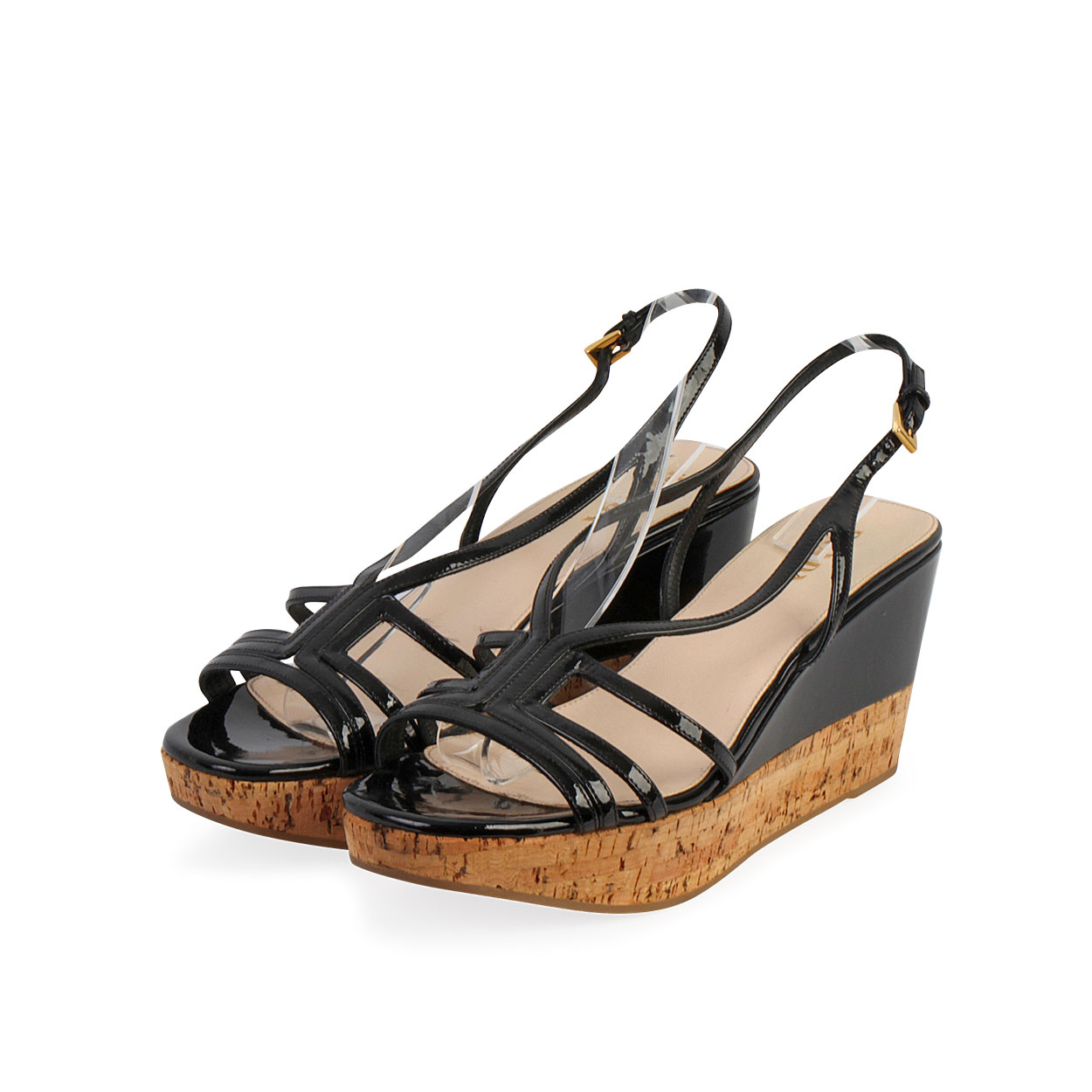 PRADA Patent Leather Cork Wedge Sandals Black - S: 41 (7) | Luxity