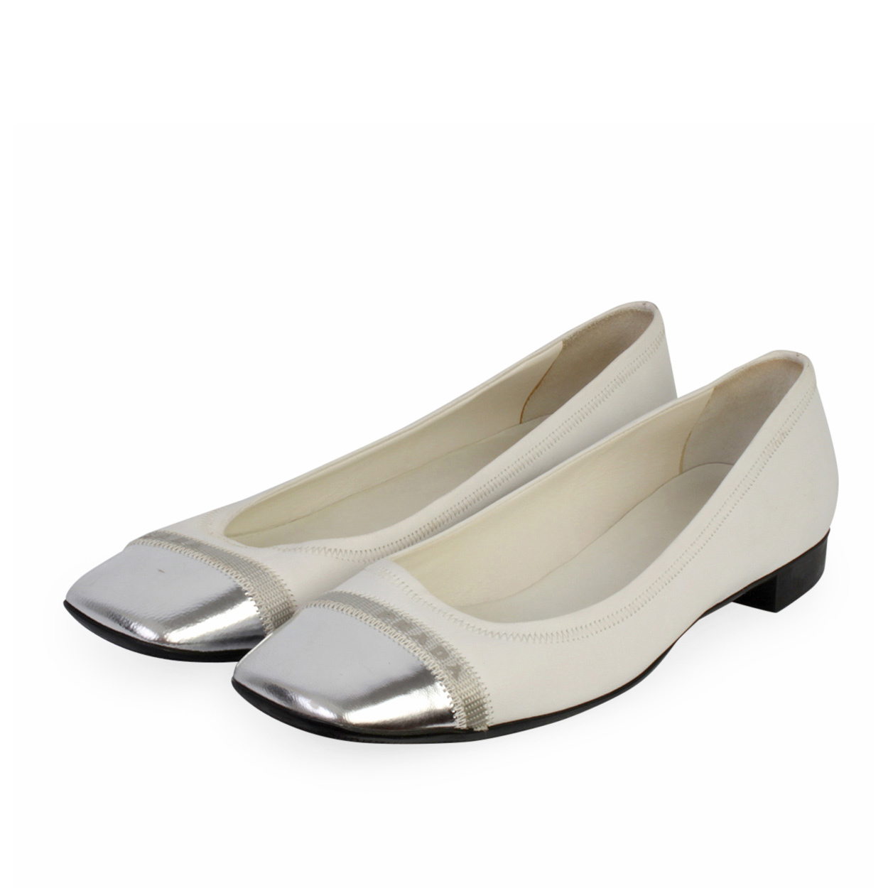 PRADA Leather Square Toe Ballet Flats White - S: 38 (5) | Luxity