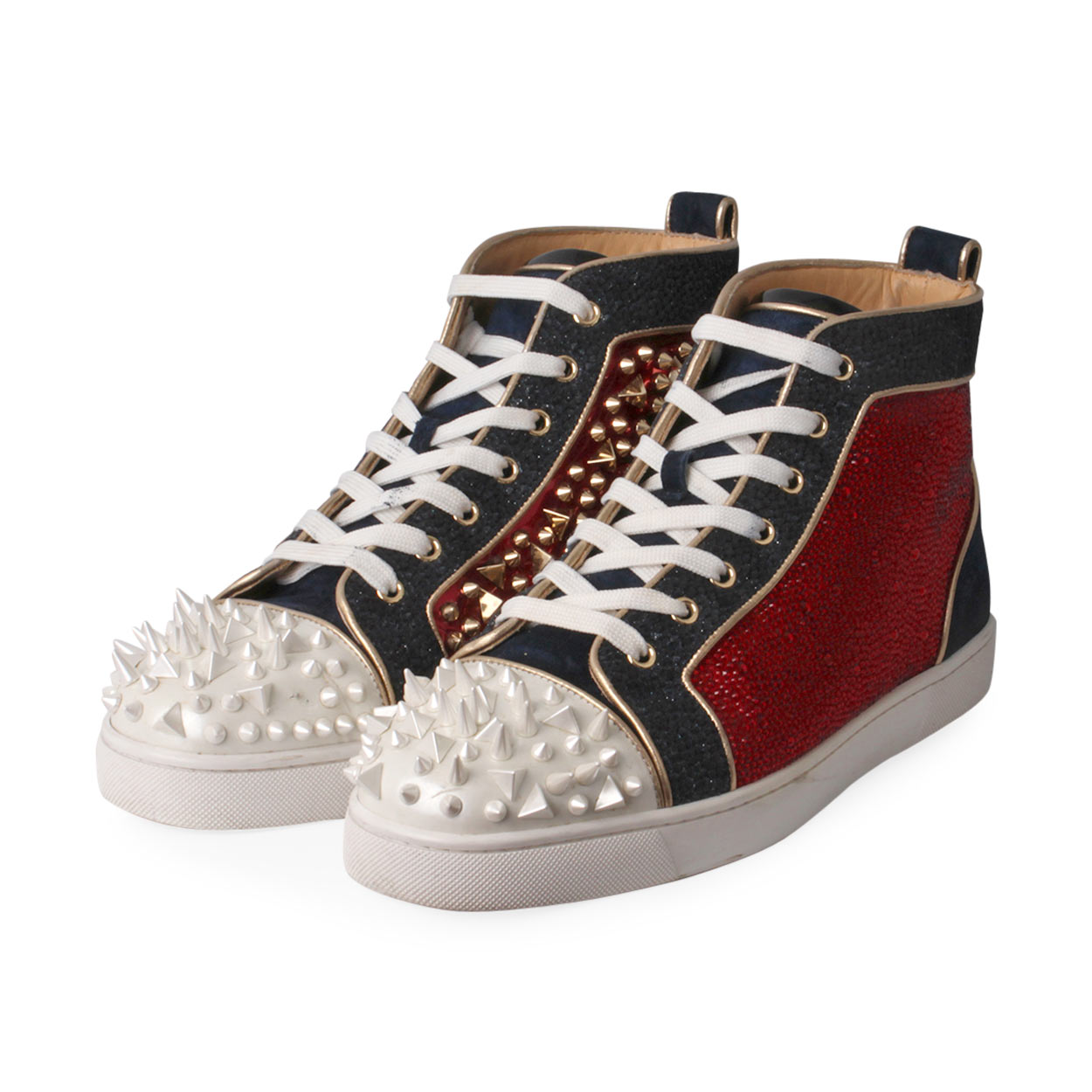 CHRISTIAN LOUBOUTIN Glitter Spikes High-Top Sneakers Navy/Red - S: 44 ...