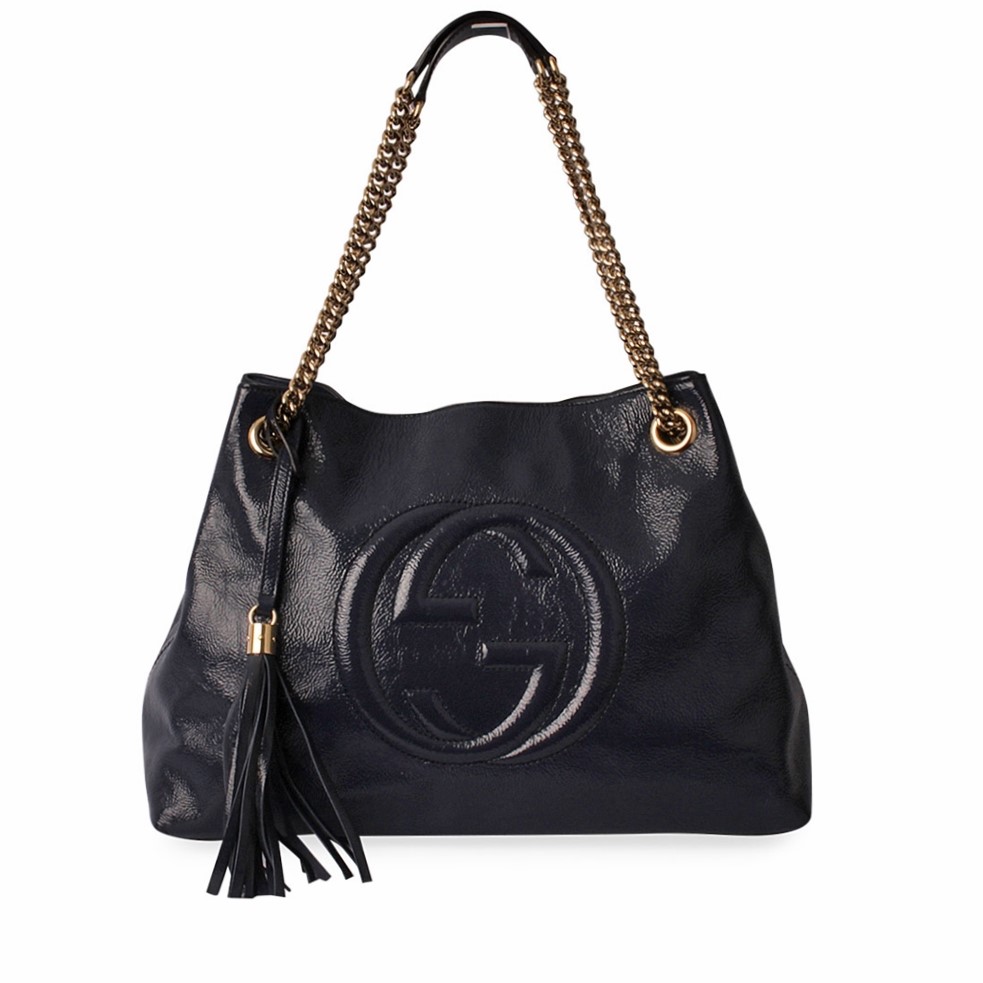 GUCCI Patent Soho Chain Medium Tote Navy | Luxity