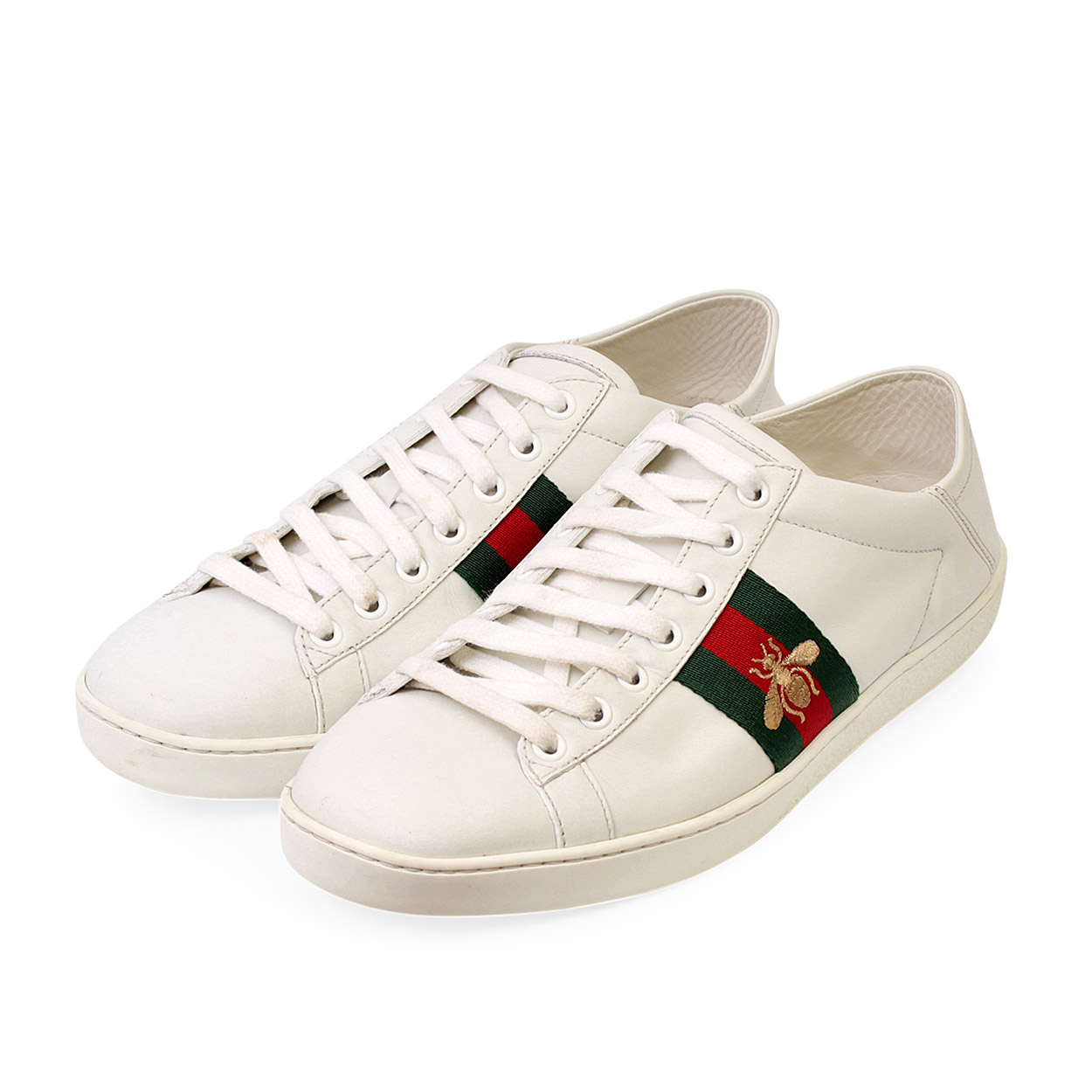 GUCCI Leather Ace Web Bee Sneakers White - S: 39 (6) | Luxity