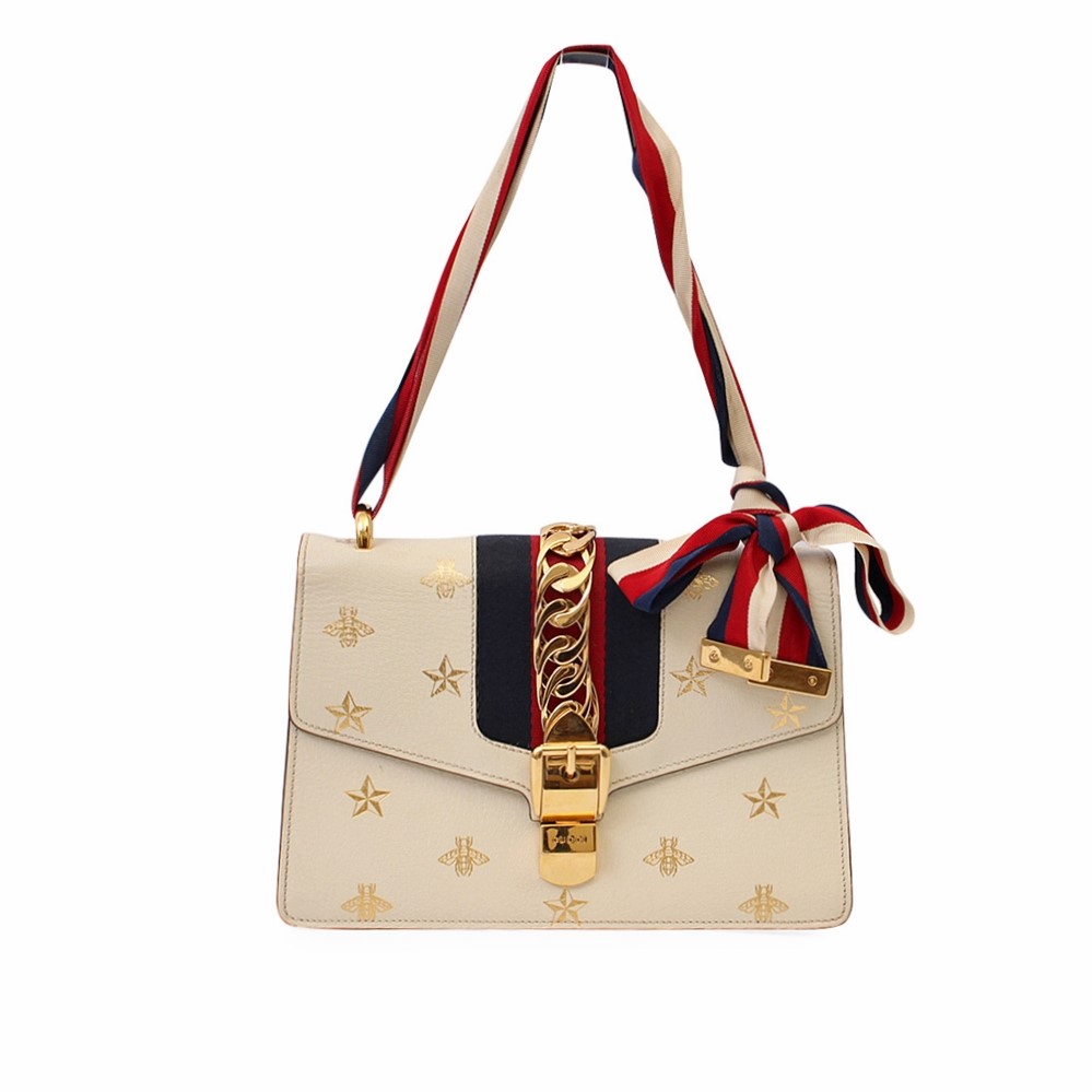 GUCCI Leather Sylvie Bee Star Bag White | Luxity