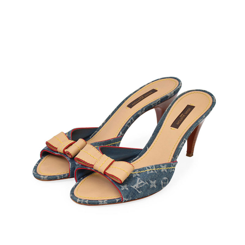 Louis Vuitton Blue Monogram Denim And Leather Bow Slide Sandals