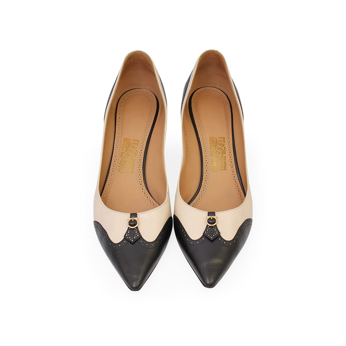 SALVATORE FERRAGAMO Leather Pointy Toe Pumps Black/Cream - S: 41 (7 ...