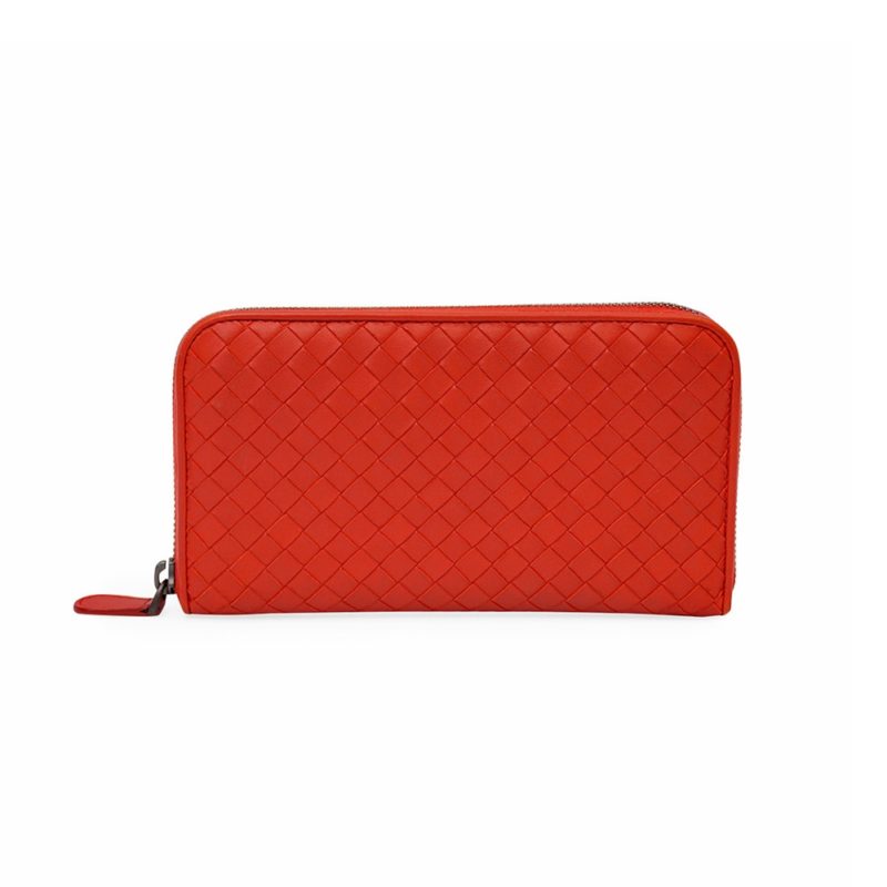 BOTTEGA VENETA Leather Intrecciato Woven Zip Around Wallet Orange | Luxity