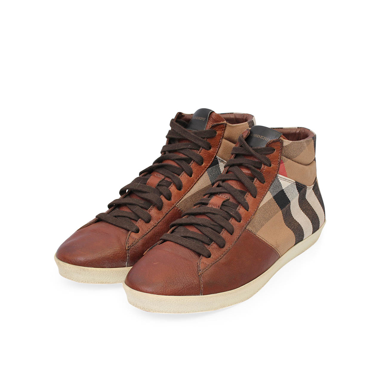 BURBERRY Check/Leather High Top Sneakers Brown - S: 41 () | Luxity
