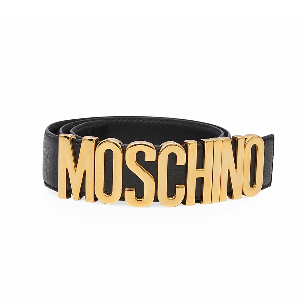MOSCHINO Leather Logo Belt Black/Gold - S: 80 (32) | Luxity