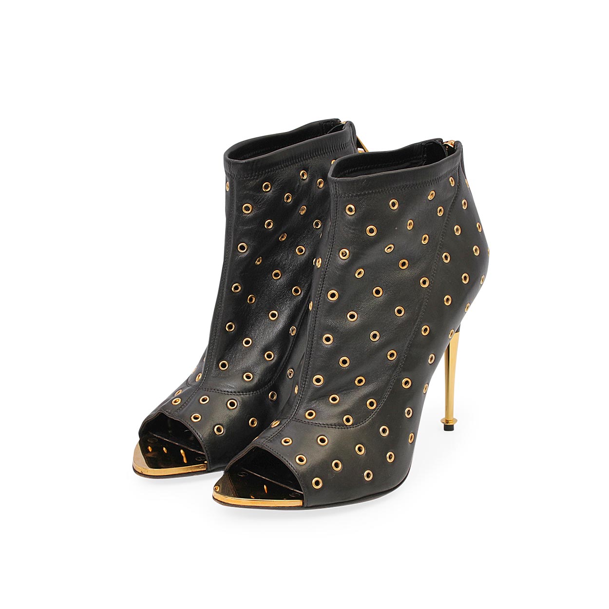 TOM FORD Leather Grommet Peep Toe Ankle Boots Black/Gold - S: 40 (6.5 ...