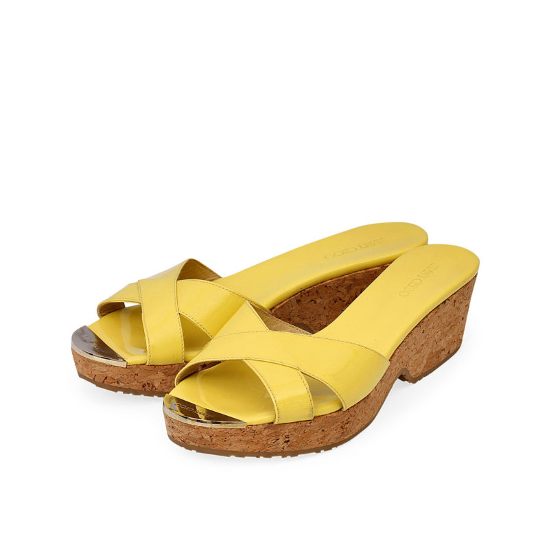 Patent Pandora Cork Wedge Slides Yellow – S: 38.5 (5.5)