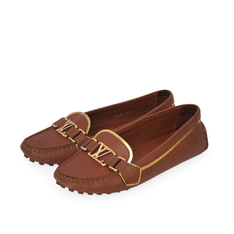 Louis Vuitton Brown Leather Lv Logo Loafers  Lyst