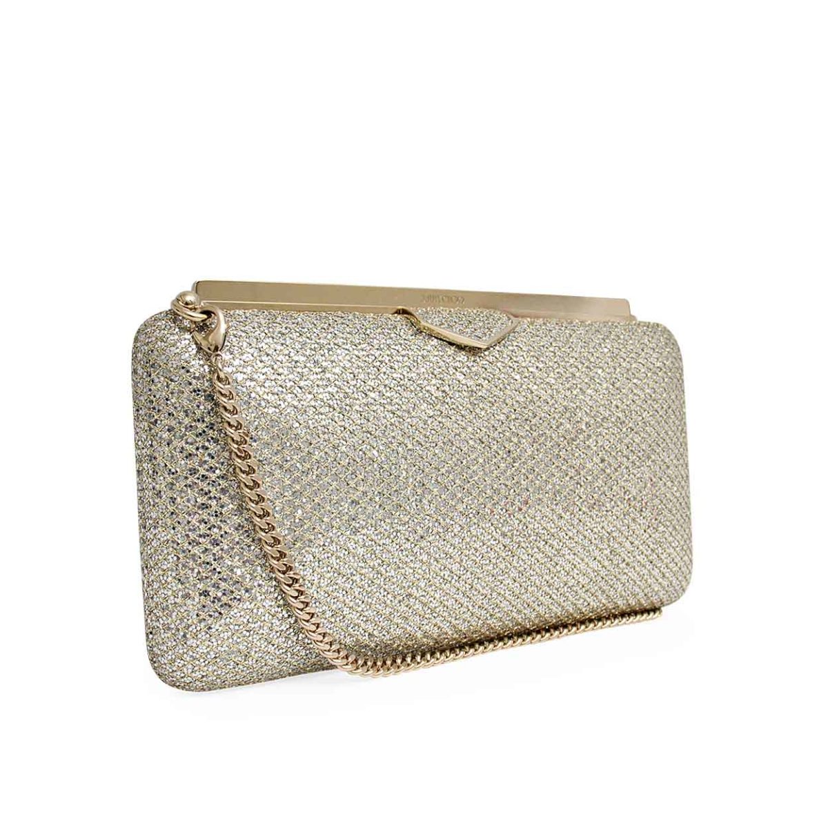 JIMMY CHOO Coarse Glitter Ellipse Clutch Champagne | Luxity