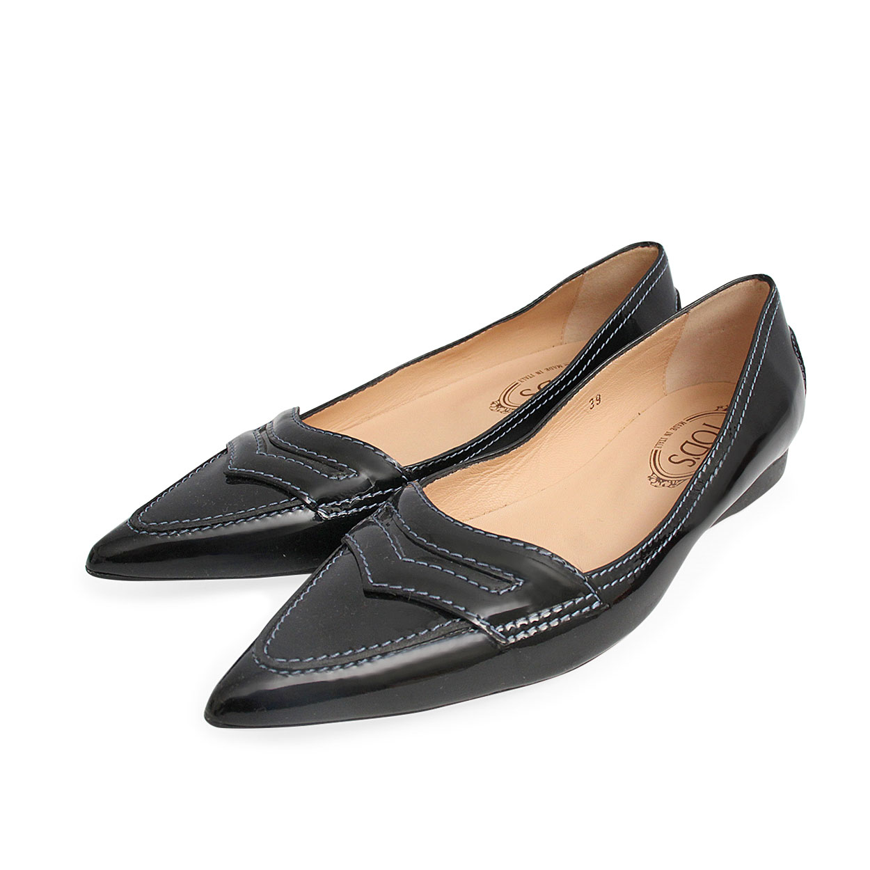 TOD'S Patent Pointy Toe Flats Black - S: 39 (6) | Luxity