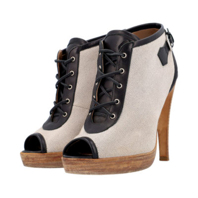 Product HERMES Canvas/Leather Peep Toe Lace Up Booties Grey/Black - S: 36.5 (3.5)