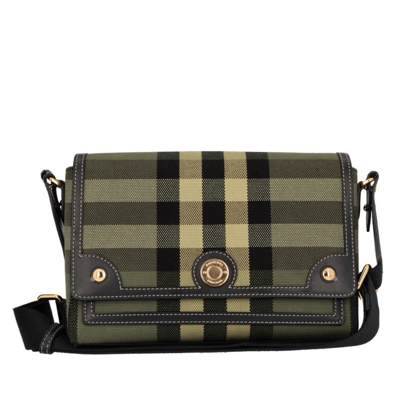 BURBERRY Leather/Canvas Check Note Crossbody Bag Military Green | Luxity