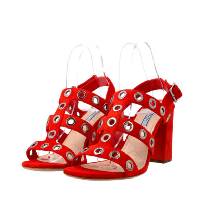 Product PRADA Suede Grommet Block Heel Sandals Red - S: 41 (7.5)