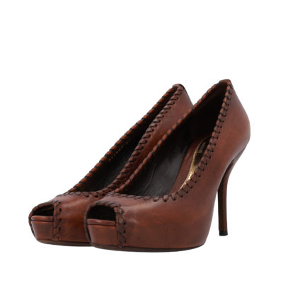 Product GUCCI Leather Whipstitch Peep Toe Pumps Brown