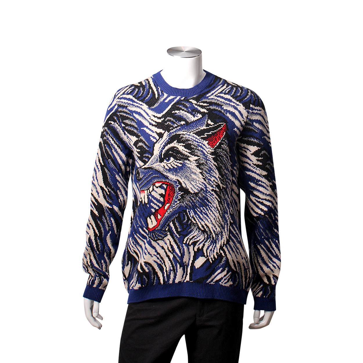 GUCCI Wool Wolf Intarsia Sweater Blue | Luxity