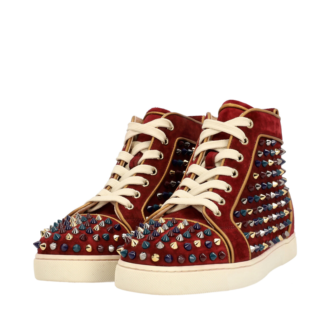 CHRISTIAN LOUBOUTIN Suede Louis Spike High Top Sneakers Burgundy | Luxity