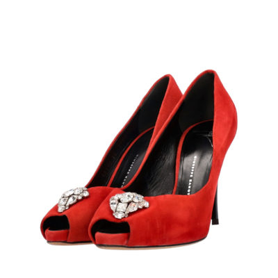 Product GIUSEPPE ZANOTTI Suede Crystal Embellished Peep Toe Pumps Red