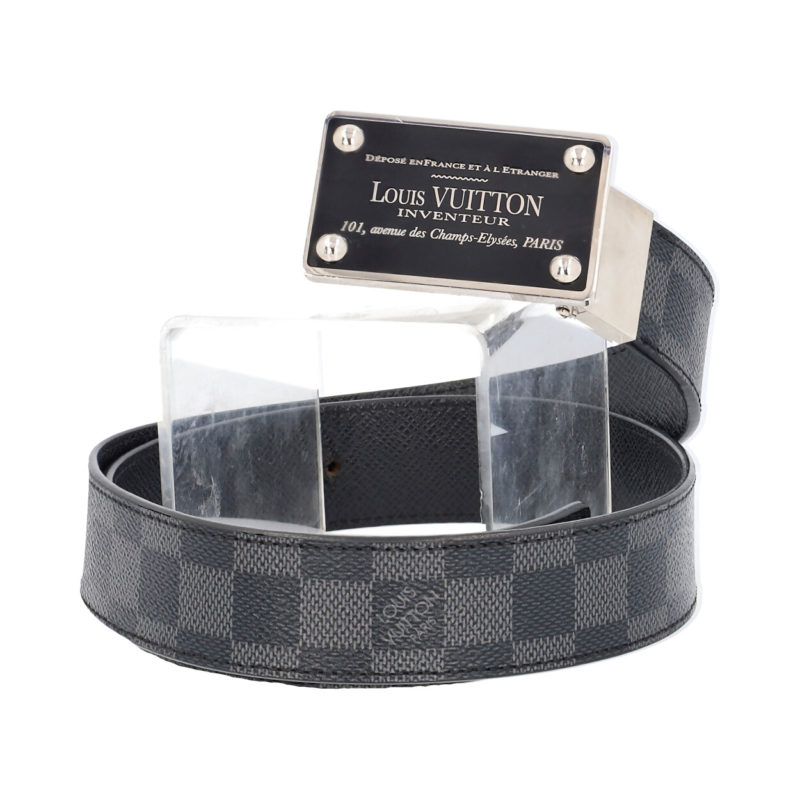 Authenticated Used LOUIS VUITTON Louis Vuitton Sunture LV Initial Micro Damier  Belt M6875V Notation Size 85/34 Suede Leather Noir Black Silver Hardware  40MM 