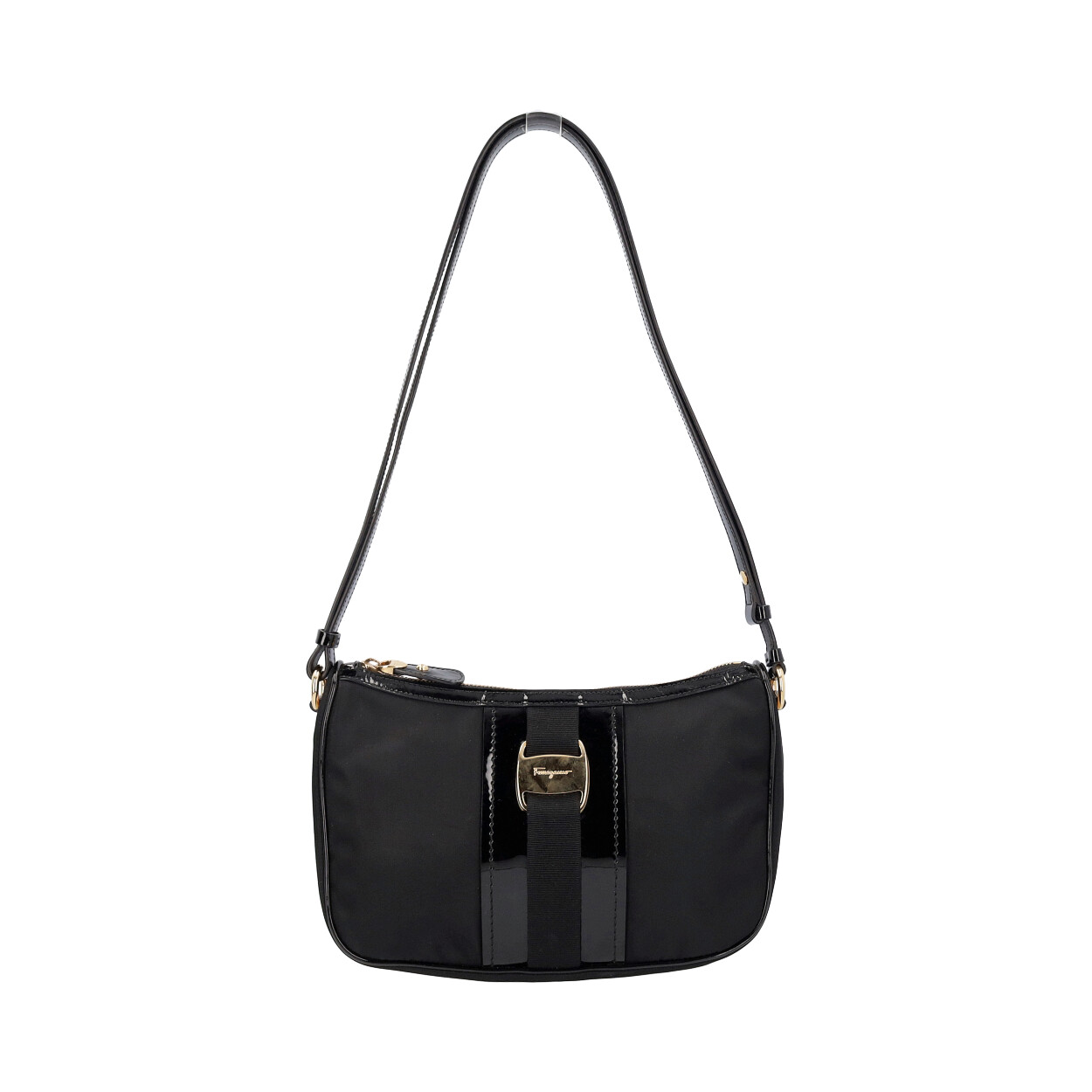 SALVATORE FERRAGAMO Nylon/Patent Vara Shoulder Bag Black | Luxity