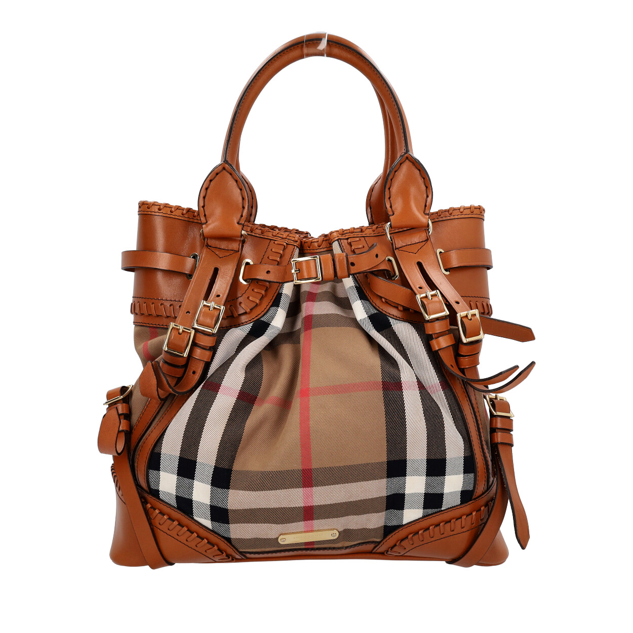 BURBERRY Check/Leather Bridle Whipstitch Tote Brown | Luxity