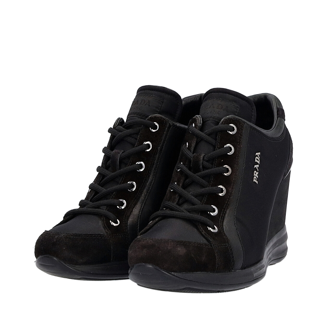 PRADA Suede/Nylon Wedge Sneakers Black | Luxity