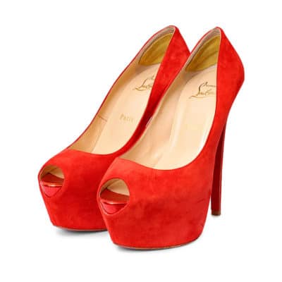 Product CHRISTIAN LOUBOUTIN Suede Platform Peep Toe Pumps Red