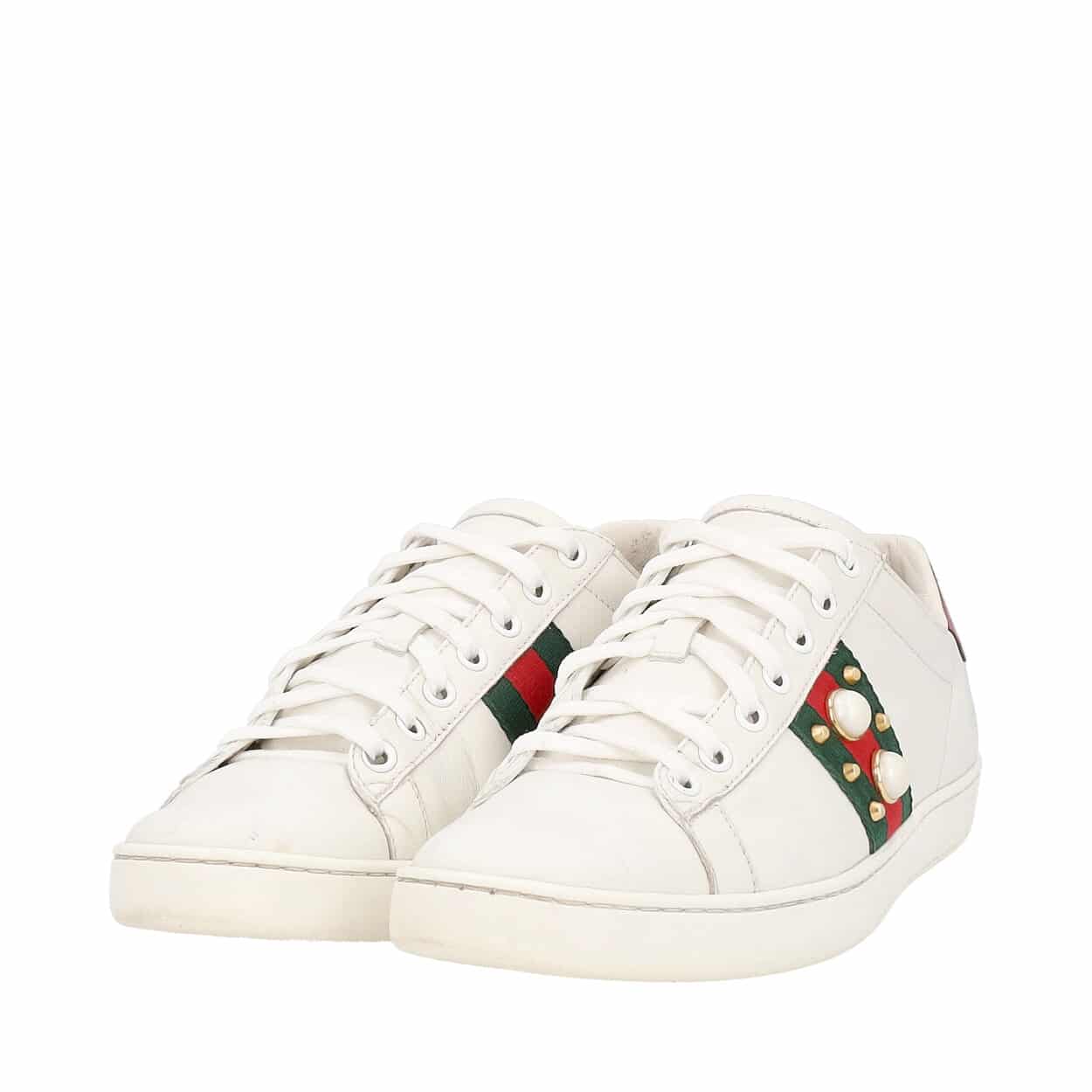 GUCCI Leather Ace Faux Pearl/Spike Sneakers White | Luxity