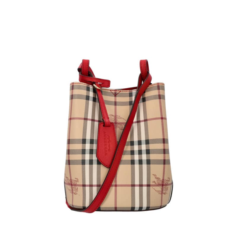 BURBERRY Haymarket Check Lorne Bucket Bag Poppy Red - NEW | Luxity