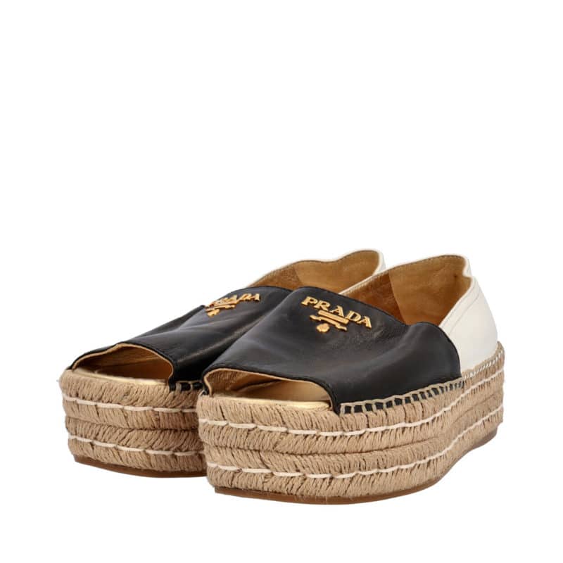 PRADA Leather Peep Toe Platform Espadrilles Black/White | Luxity