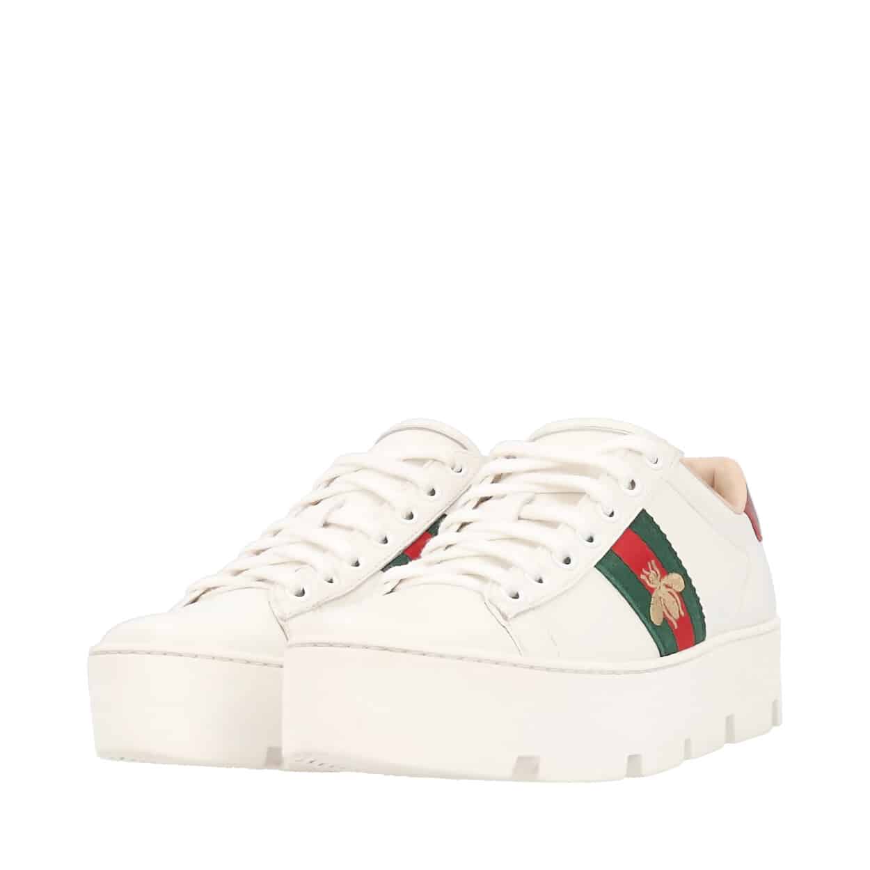 GUCCI Leather Platform Ace Bee Sneakers White | Luxity