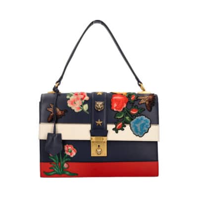 Product GUCCI Leather Riche Striped Embroidered Shoulder Bag Navy