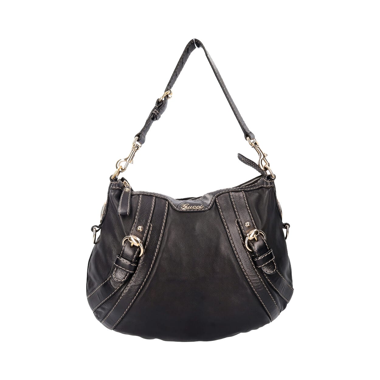 GUCCI Leather Crest Boule Hobo Black | Luxity