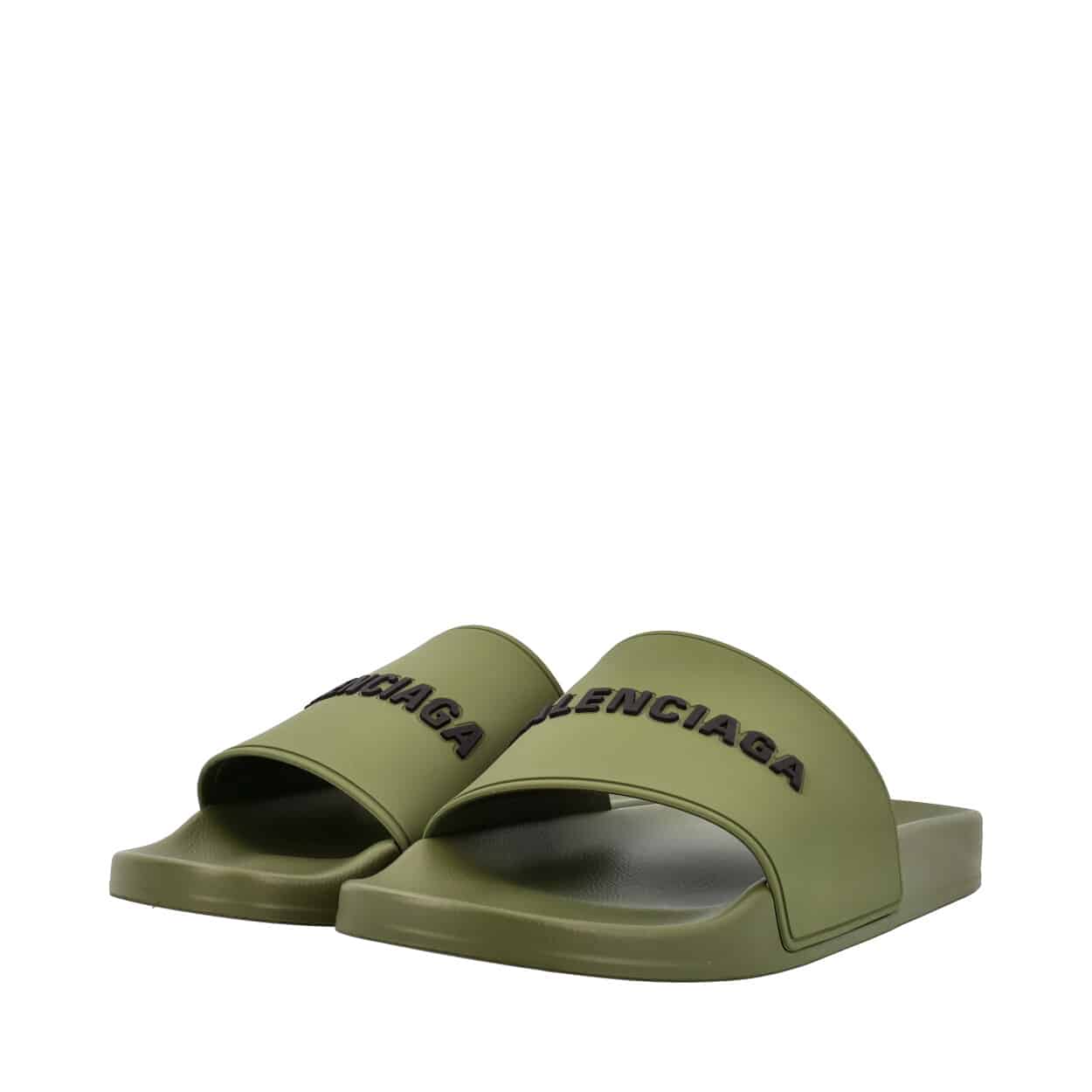 BALENCIAGA Rubber Logo Embossed Pool Slides Army Green Luxity