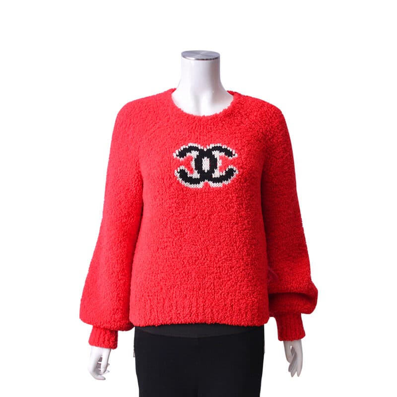 CHANEL T 38 set sweater and skirt in red wool with purple borders  VALOIS  VINTAGE PARIS