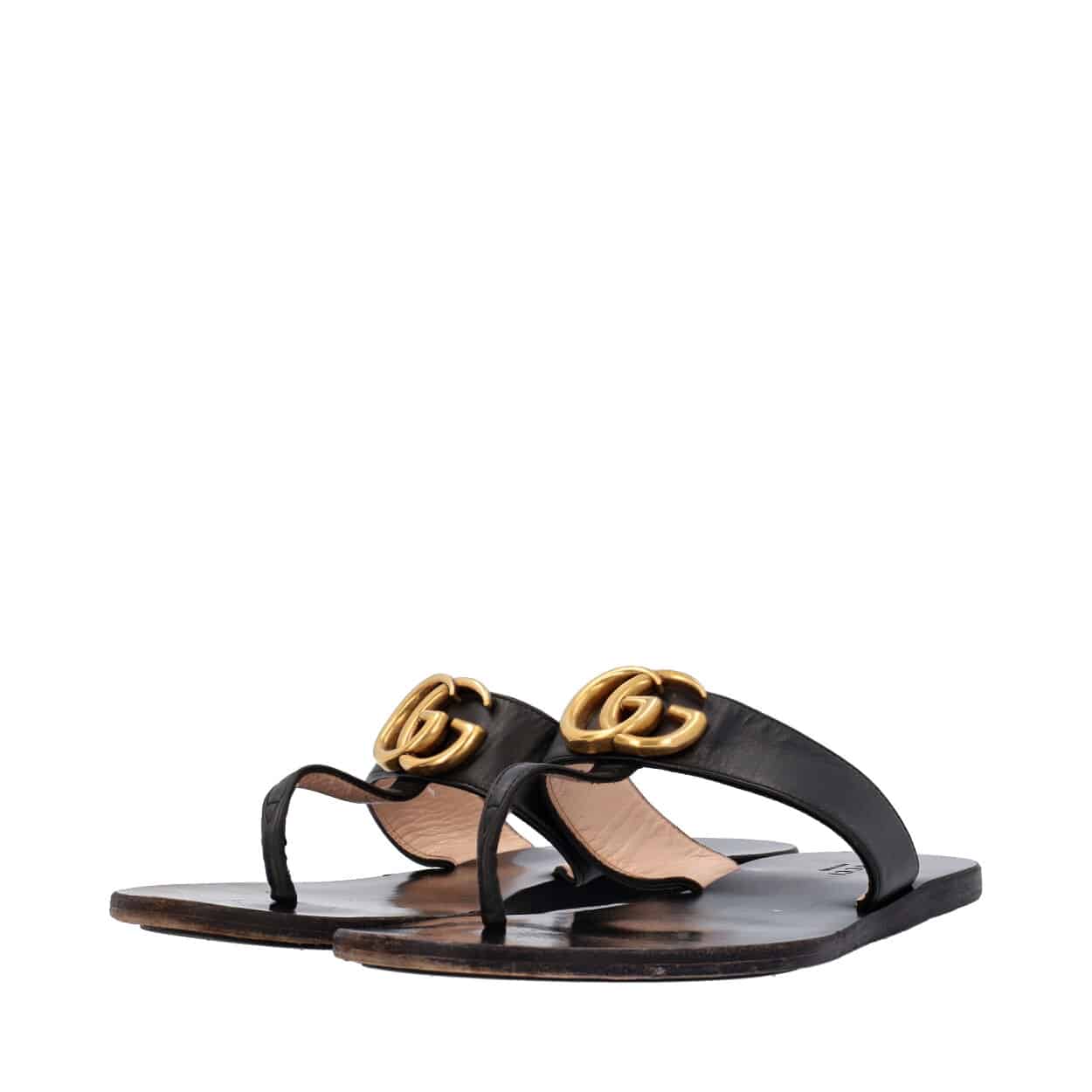 GUCCI Leather Double G Thong Sandals Black | Luxity