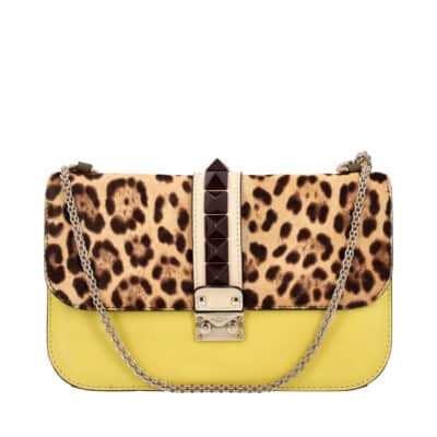 Product VALENTINO Leather/Pony Hair Rockstud Glam Lock Medium Flap Bag Yellow