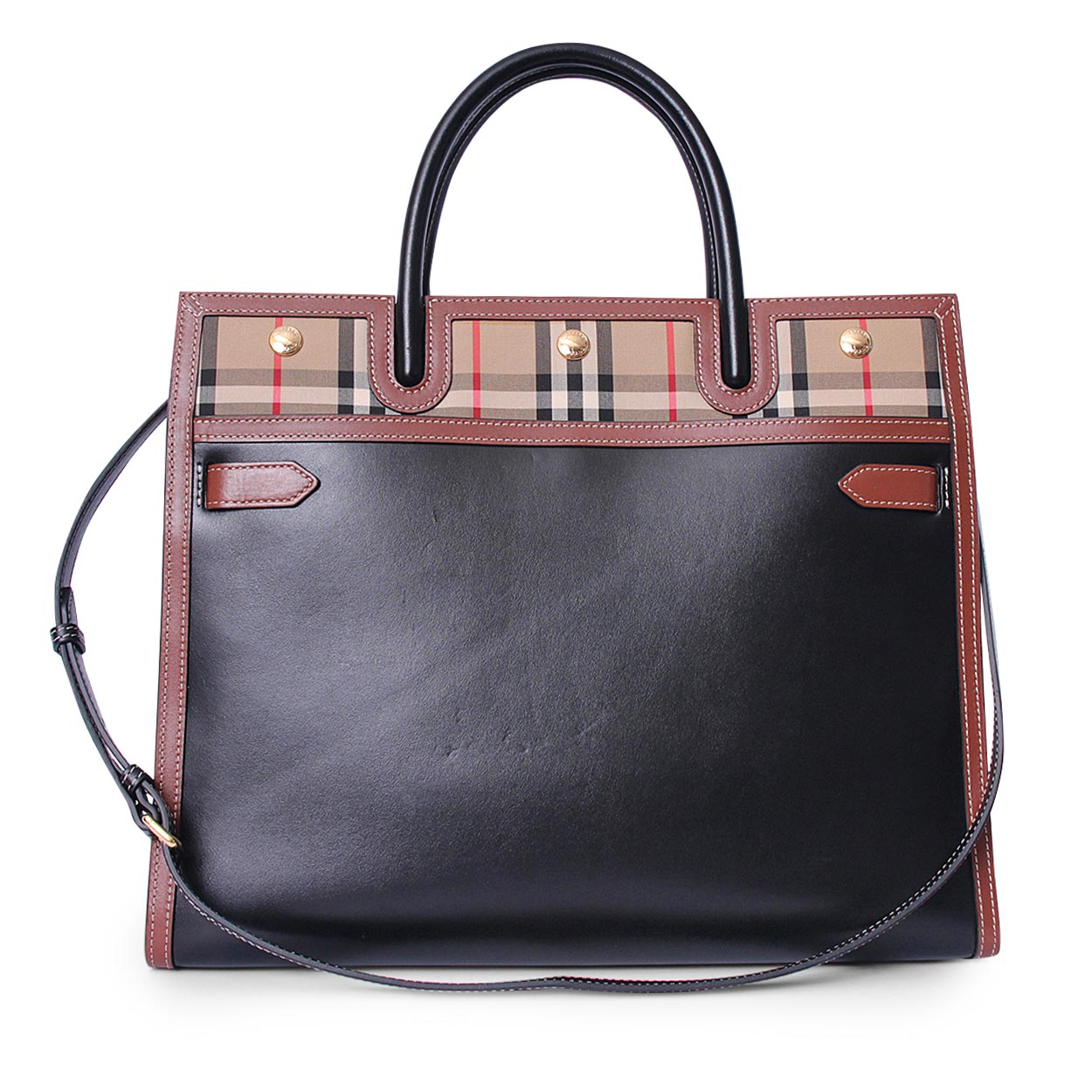 BURBERRY Leather/Check Large Title Tote Black/Brown | Luxity