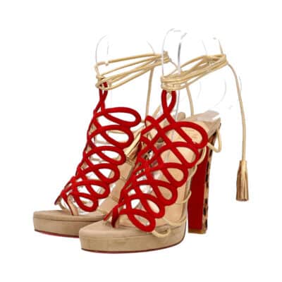 Product CHRISTIAN LOUBOUTIN Suede/Pony Hair Tie Up Sandals Red/Beige