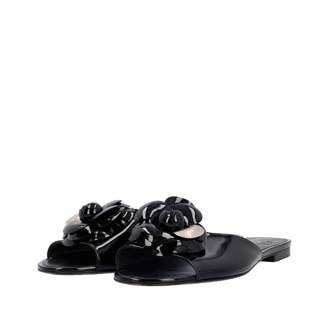 CHANEL Patent Camellia Slide Sandals Black | Luxity