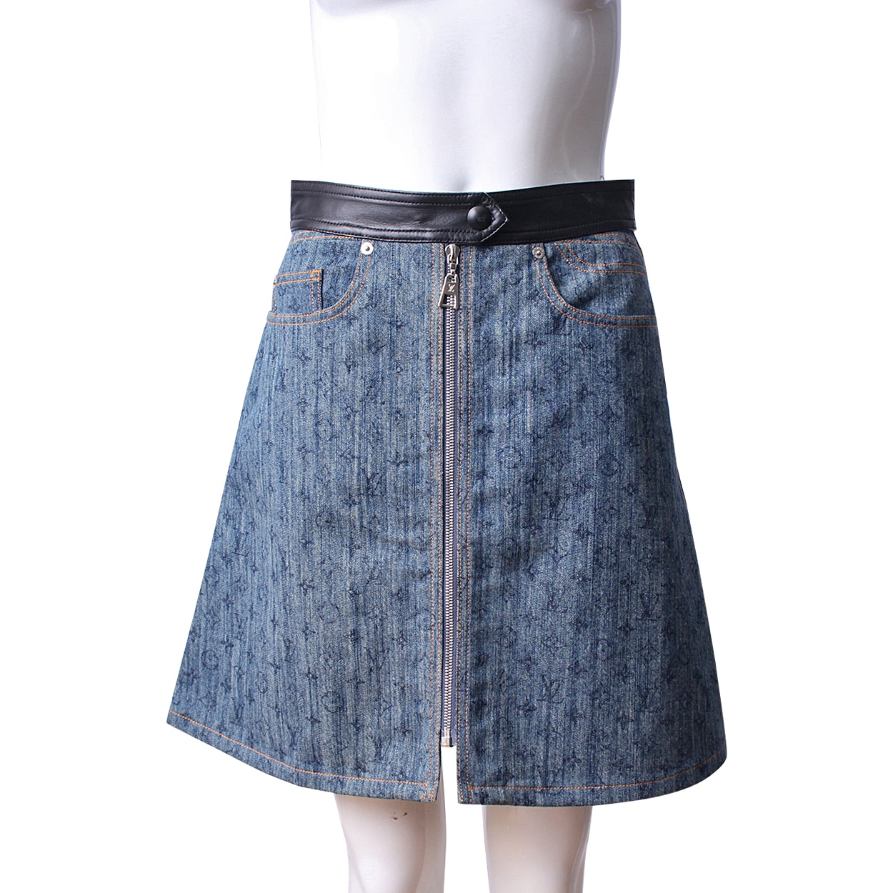 LOUIS VUIITON Monogram Denim Long Zip Mini Skirt | Luxity