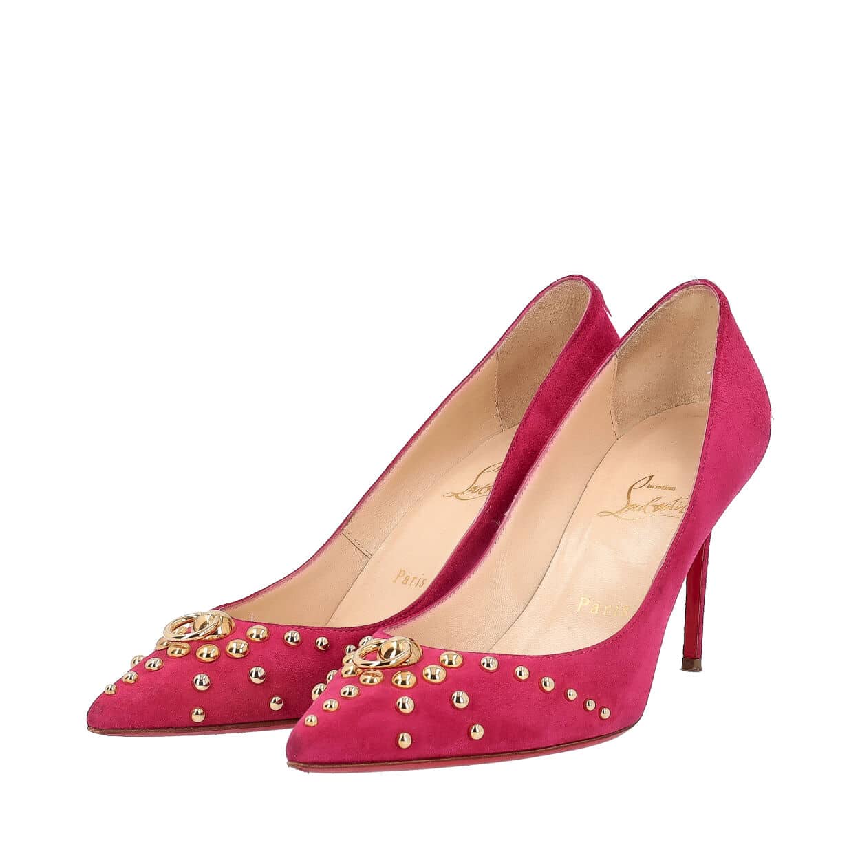 CHRISTIAN LOUBOUTIN Suede Studded Door Knock Pumps Fuchsia | Luxity