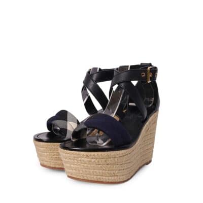 Product BURBERRY Leather Check Arkinson Wedge Espadrilles Black/Navy