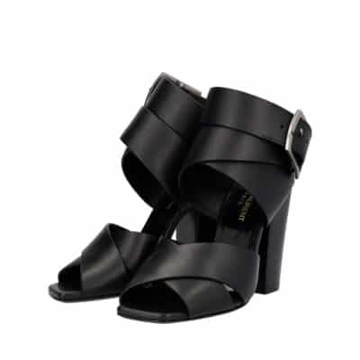 Product SAINT LAURENT Leather Block Heel Ankle Strap Sandals Black